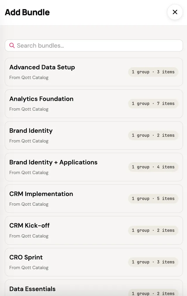 Add bundle dialog listing reusable bundles from the Qott catalog