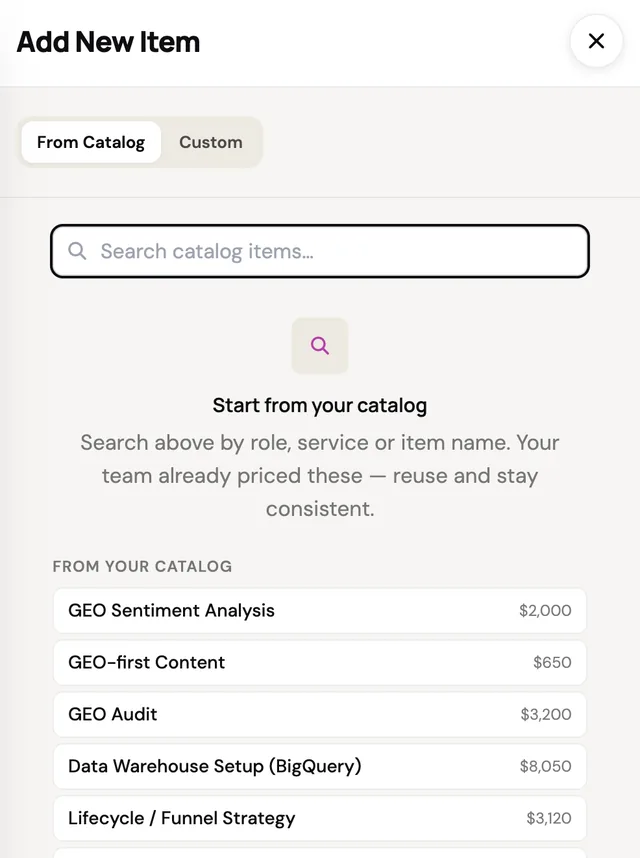 Starting an estimate from delivery models already priced in the catalog