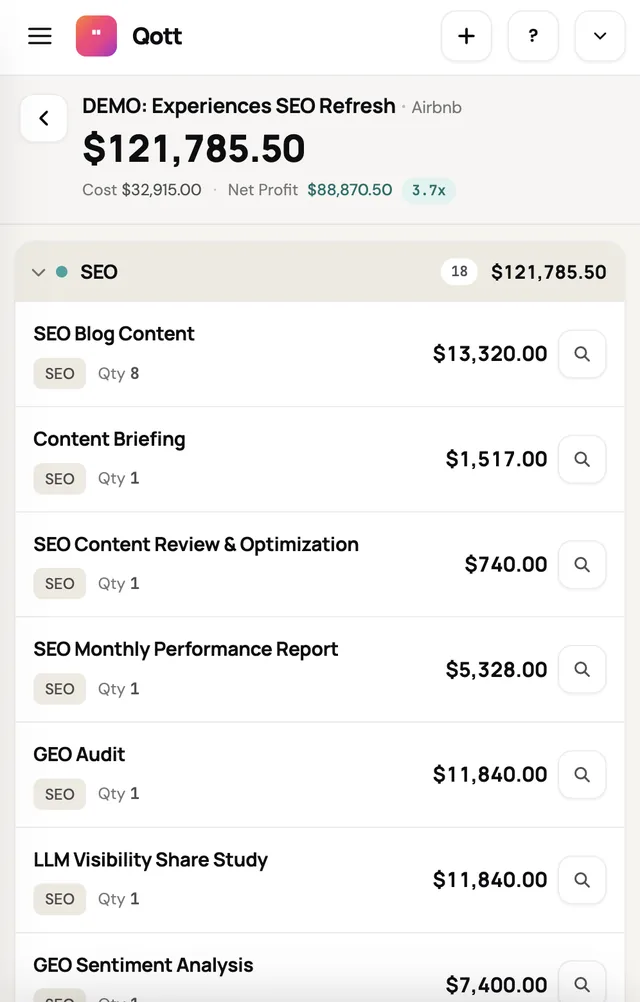 Integrated retainer quote with monthly scope and account economics