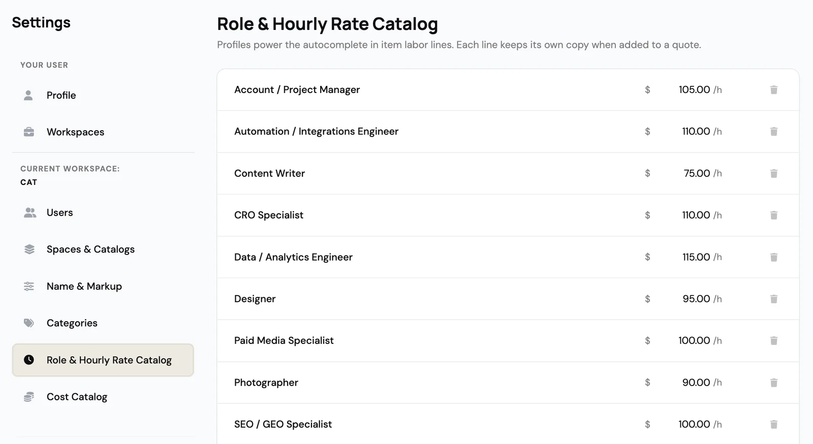 Role and hourly rate catalog in Qott settings