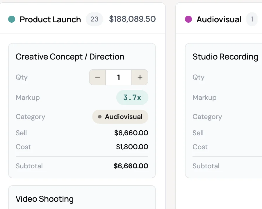 Board view: items grouped by phase, each with markup, sell and cost